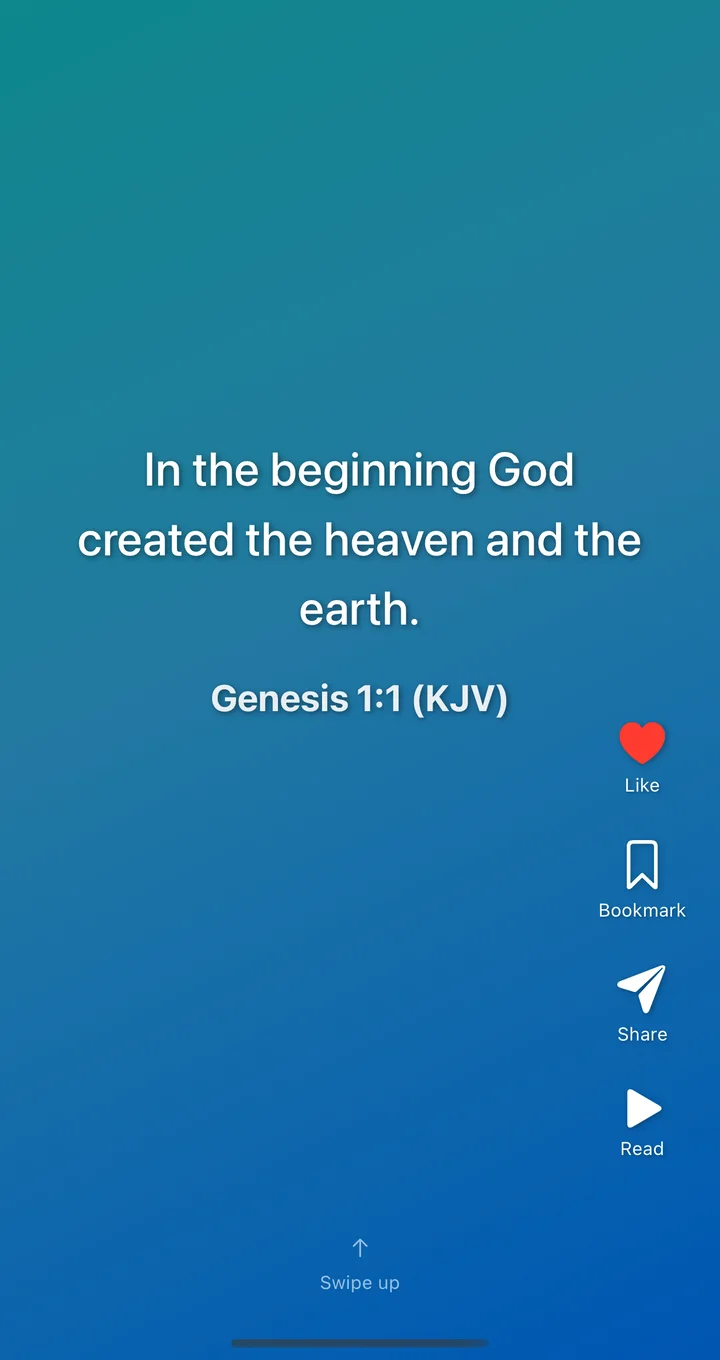 FaithFlip showing Genesis 1:1 on a calm gradient, with like, bookmark, share, and read-aloud actions