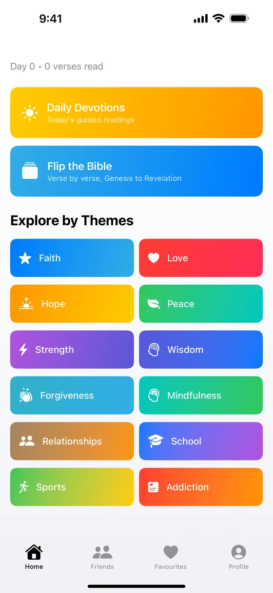 Home screen with Daily Devotions, Flip the Bible, and themes like Faith, Hope, and Peace